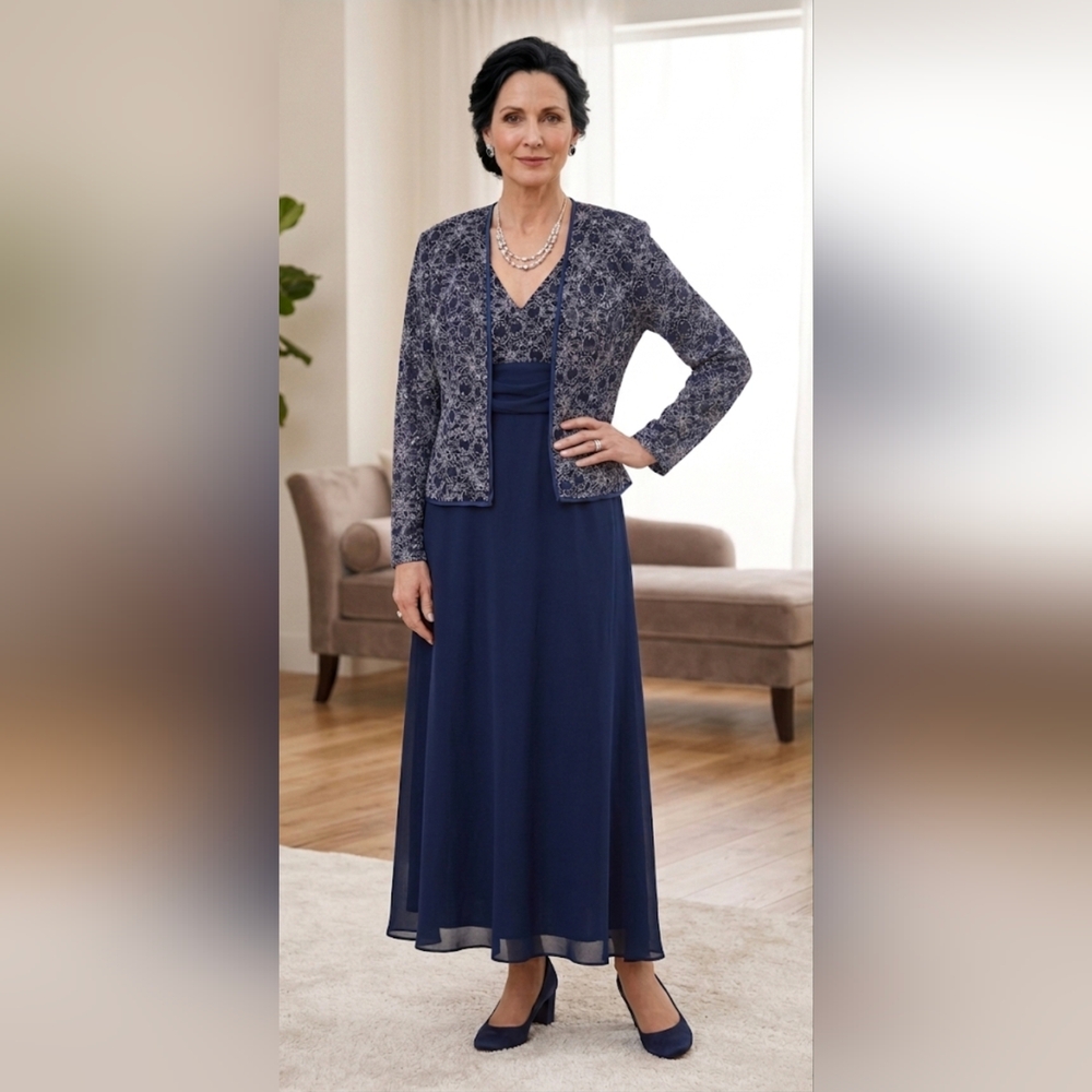 R&M Richards Navy Blue Beaded Jacket Dress Set